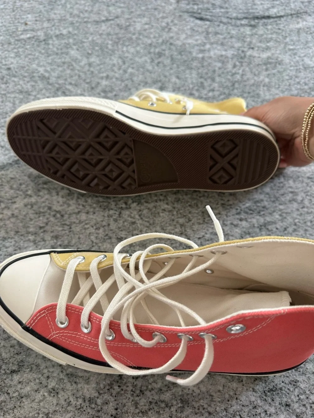 Two-Tone High Top Converse Canvas Sneakers in Coral & Yellow - Picture 7 of 11